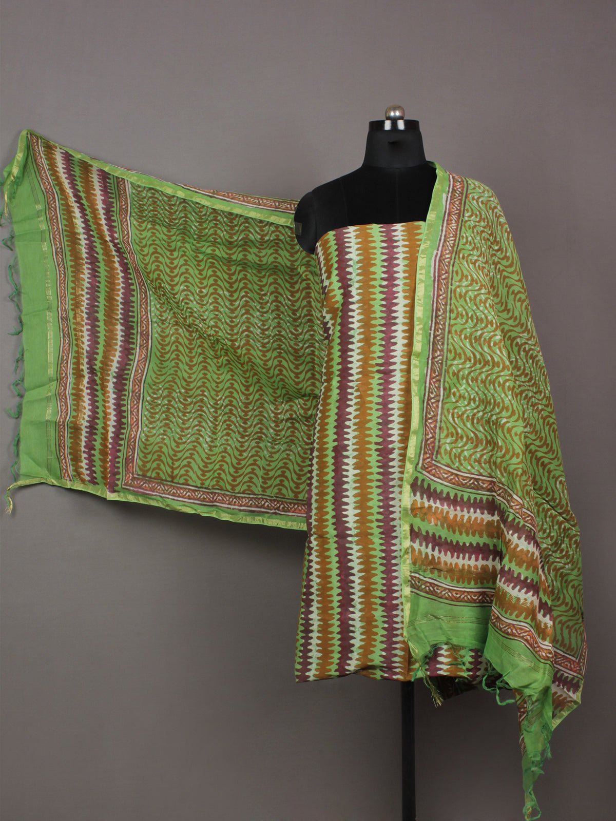 Fern Green Brown Maroon Hand Block Printed Chanderi Silk Kurta & Chanderi Dupatta Fabric Set of 2 - S1628198