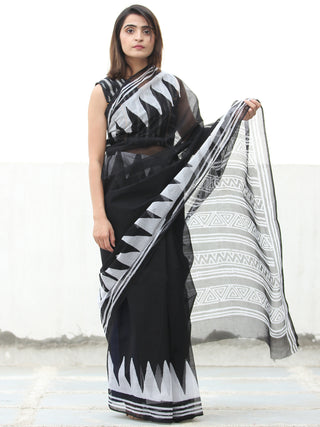 Black & White Hand Block Printed Kota Doria Saree  - S031704076