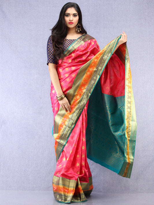 Banarasee Art Silk Saree With Resham Zari Weave - Pink Green & Gold - S031704389