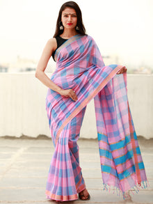 Pink Blue Handloom Mangalagiri Cotton Saree With Zari Border - S031703859