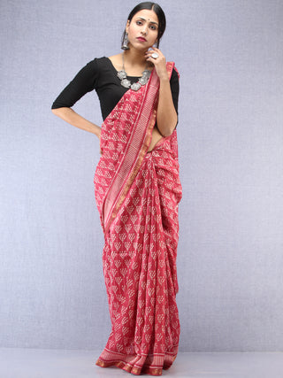 Pink Ivory Hand Block Printed Maheshwari Silk Saree With Zari Border - S031704488