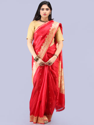 Banarasee Pure Katan Silk Handloom Saree With Zari Work - Green & Gold - S031704297