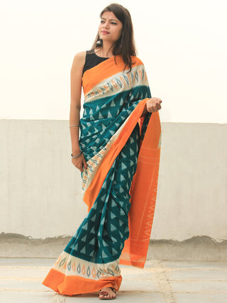 Orange Green White Ikat Handwoven Cotton Saree - S031704106
