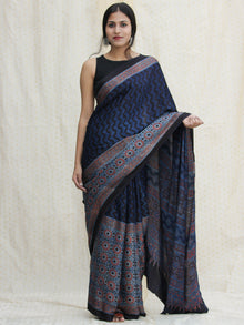 Indigo Red Black Ajrakh Hand Block Printed Modal Silk Saree - S031704138