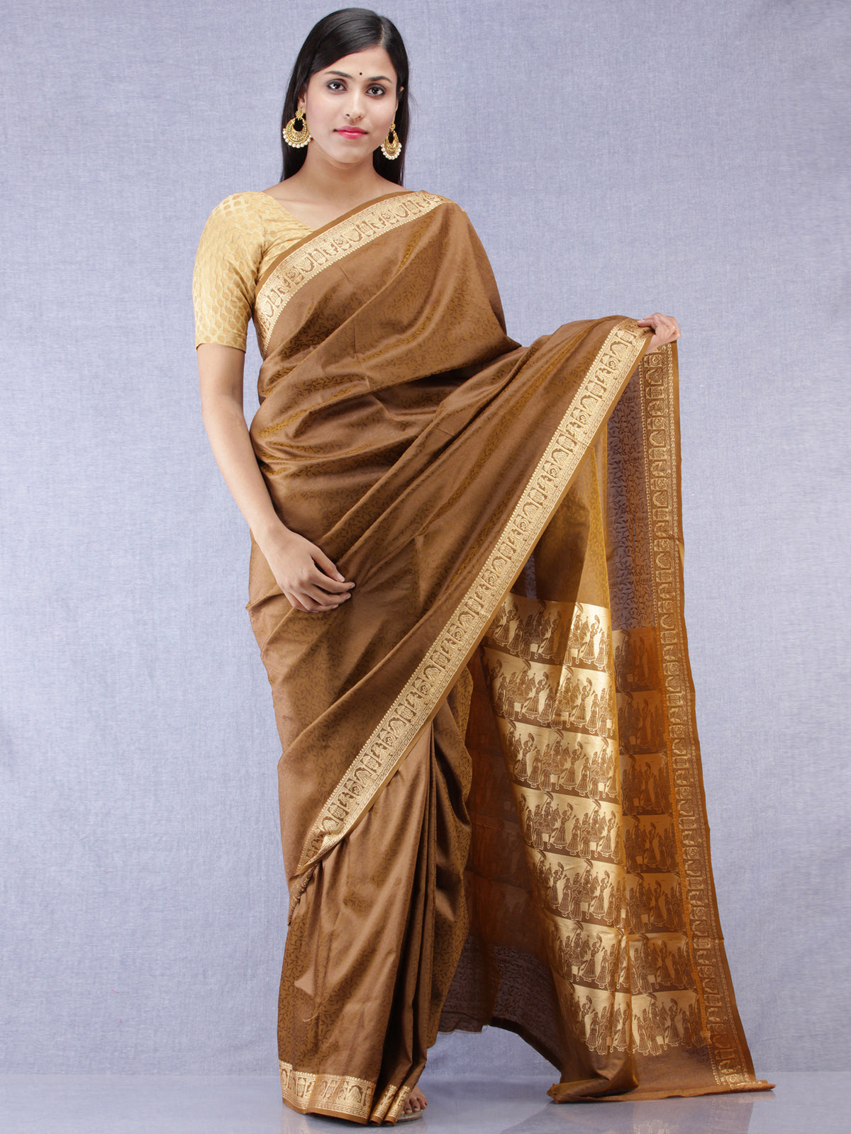 Banarasee Semi Silk Self Weave Saree With Resham Border - Peanut Brown Golden  - S031704316