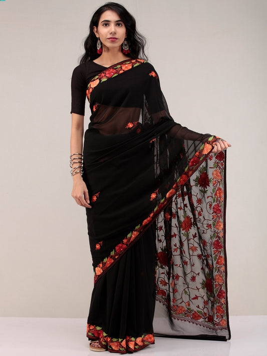 Black Aari Embroidered Georgette Saree From Kashmir - S031704632