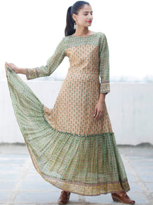 Pastel Complements - Hand Block Printed Long Chanderi Silk Dress - D354F1924