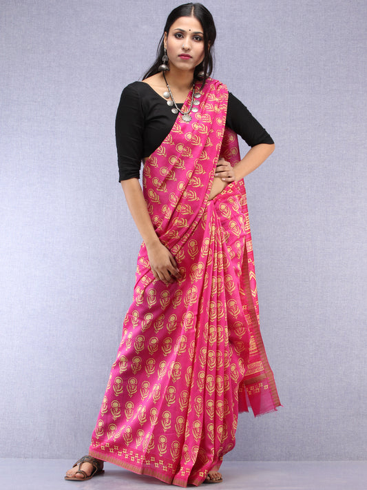 Pink Yellow Hand Block Printed Chanderi Saree With Geecha Border - S031704516