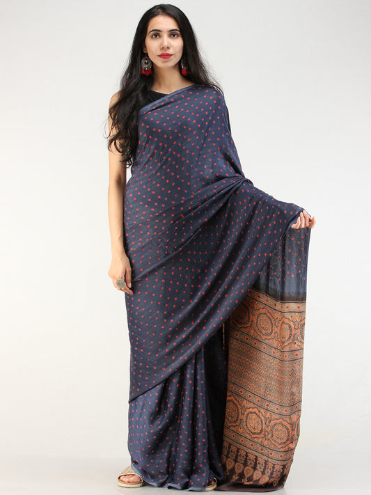 Indigo Red Brown Bandhej Modal Silk Saree With Ajrakh Printed Pallu & Blouse - s031704547
