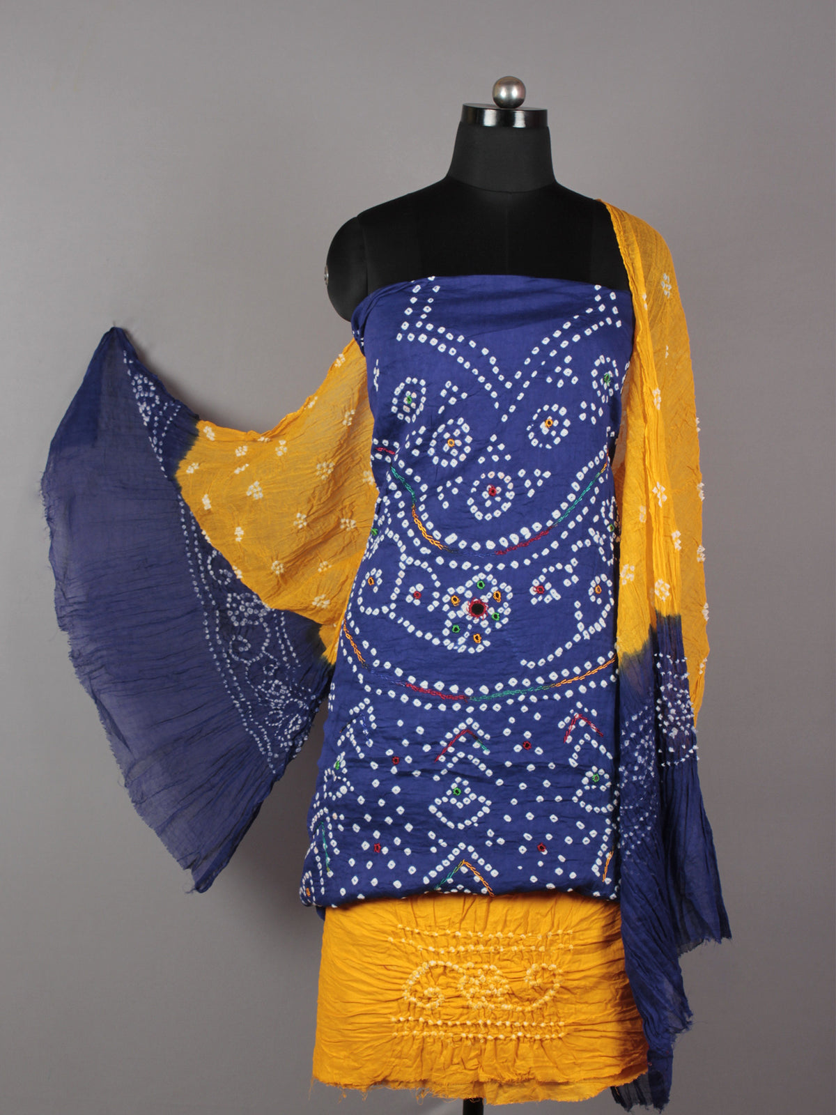 Indigo Mustard White Hand Tie & Dye Bandhej Suit Salwar Dupatta (Set of 3) With Hand Embroidery & Mirror Work - S16281248