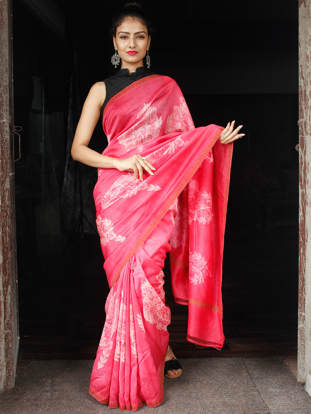 Pink White Shibori Chanderi Silk Hand Block Printed Saree With Geecha Border - S031704008