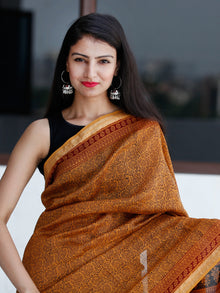 Golden-Yellow-Maroon Black Bagh Hand Block Printed Maheswari Silk Saree With Resham Border - S031703835