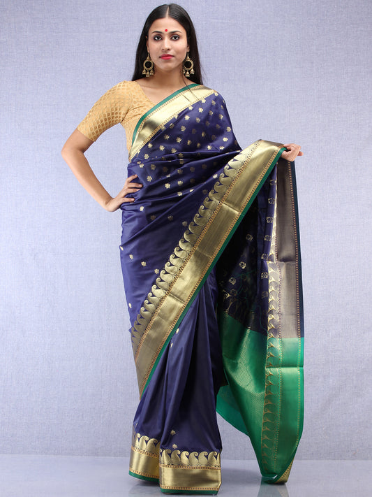 Banarasee Art Silk Saree With Zari Work - Navy Blue Green & Gold - S031704409