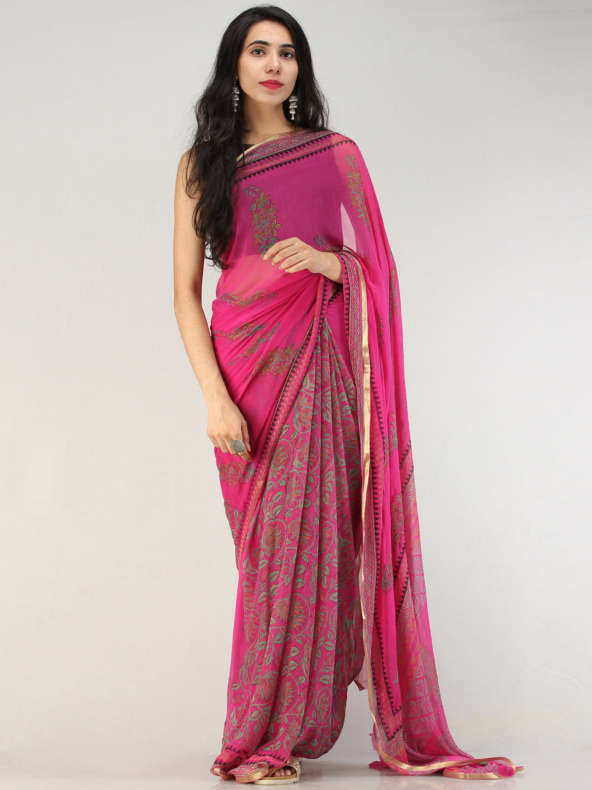 Hot Pink Green Hand Block Printed Chiffon Saree with Zari Border - S031704561