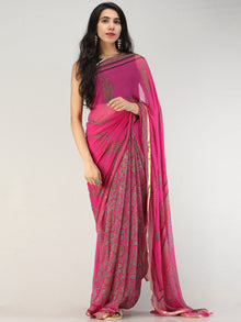 Hot Pink Green Hand Block Printed Chiffon Saree with Zari Border - S031704561