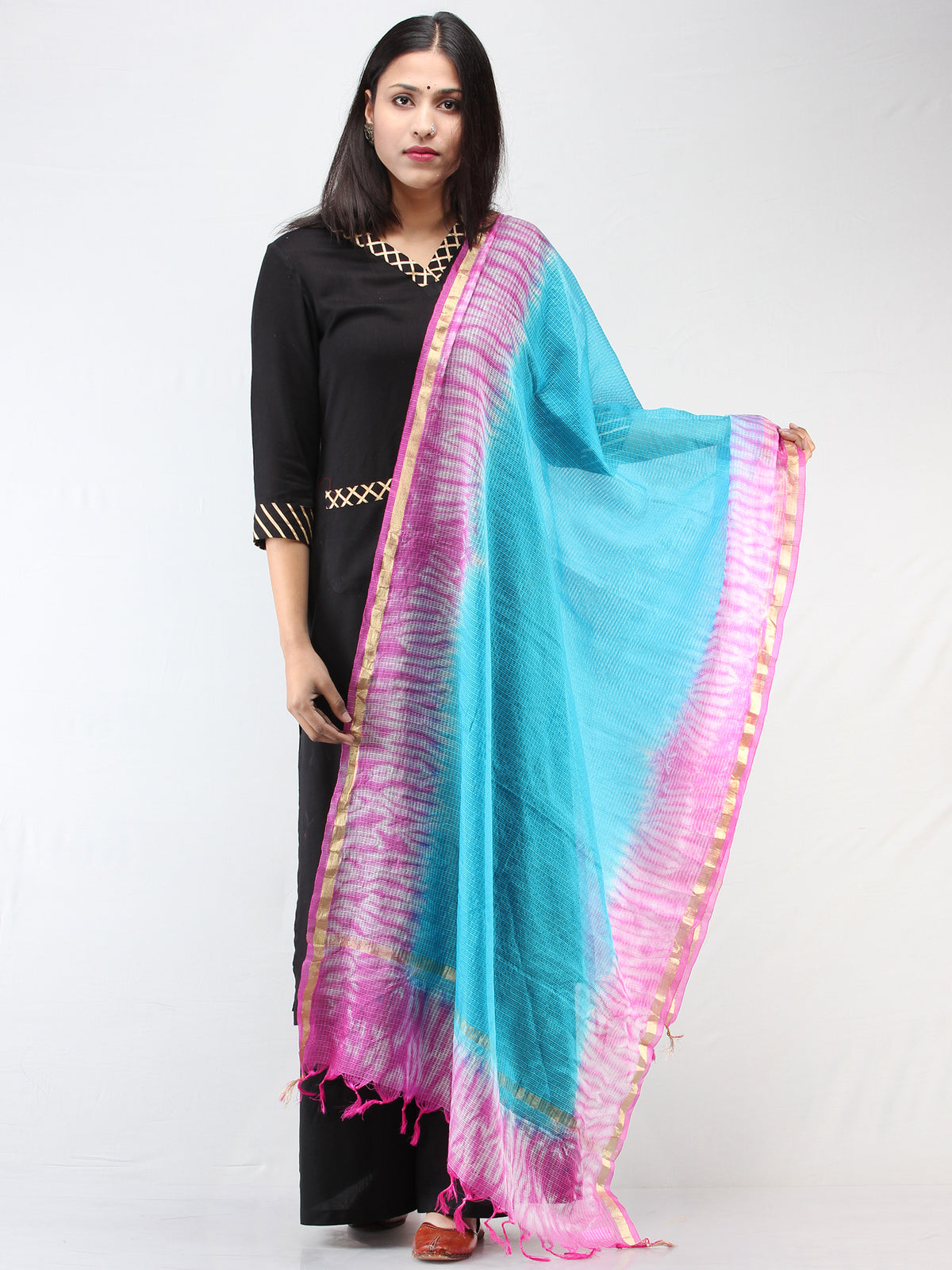 Kota Doria Tie & Die Dupatta  With Zari Border - Sky Blue & Pink - D04170901
