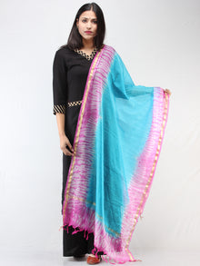 Kota Doria Tie & Die Dupatta  With Zari Border - Sky Blue & Pink - D04170901