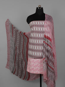White Pink Grey Hand Block Printed Cotton Suit-Salwar Fabric With Chiffon Dupatta (Set of 3) - S16281286