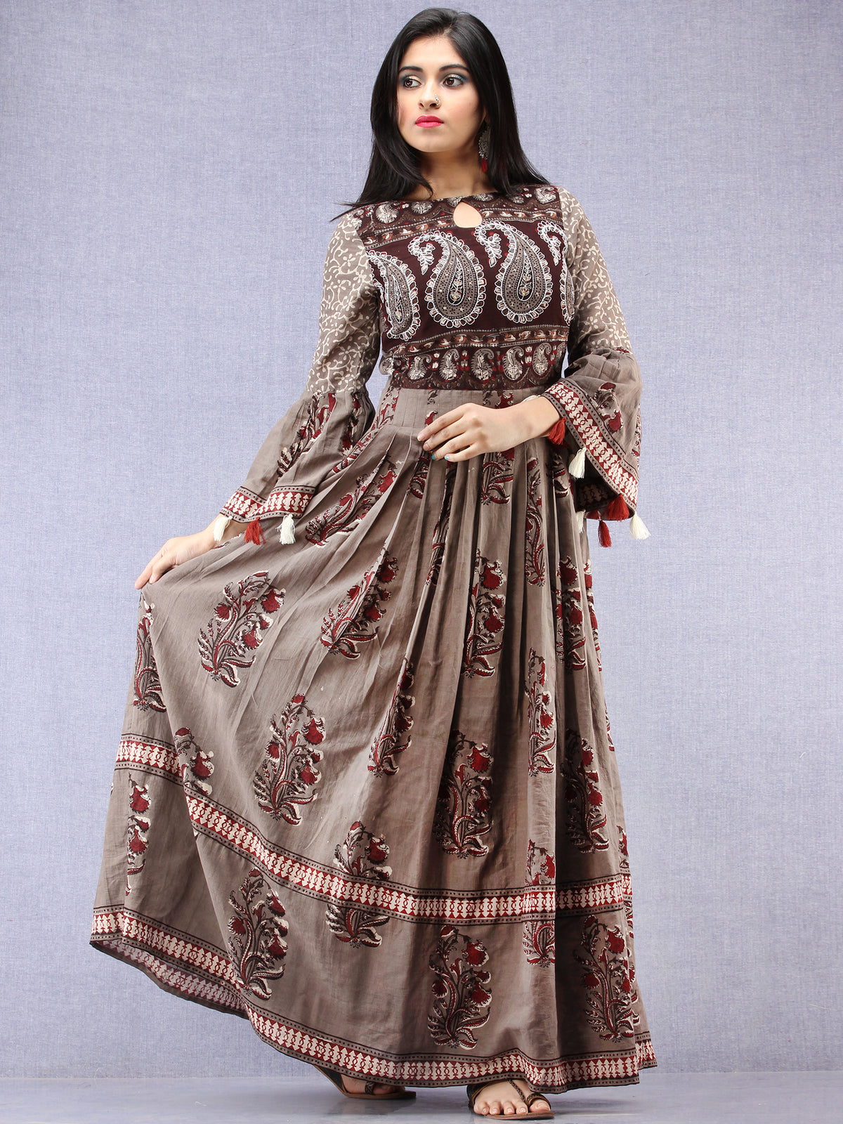 Naaz Asmaa - Hand Block Mughal Printed Long Cotton Embroidered Dress - DS105F001