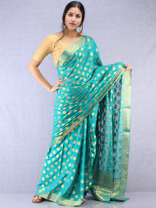 Banarasee Chiffon Saree With Golden Zari Weave - Sea Blue & Gold - S031704364