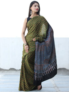 Green Rust Indigo Black Bandhej Modal Silk Saree With Ajrakh Printed Pallu & Blouse - S031703880
