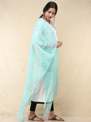 Sky Blue Rose Pink Lehriya Hand Block Printed Dupatta  - D04170697