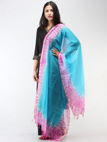 Kota Doria Tie & Die Dupatta  With Zari Border - Sky Blue & Pink - D04170901