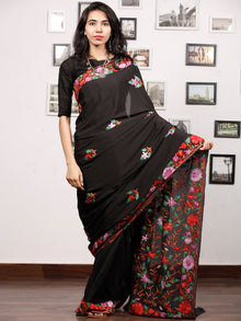 Black Red Lilac Green Aari Embroidered Bhagalpuri Silk Saree From Kashmir  - S031704066