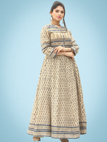 Naaz Dil Ara - Hand Block Printed Long Cotton Panel Dress With Embroidered Jacket - DS108F0001