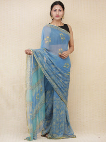 Blue Yellow Hand Block Printed Chiffon Saree with Zari Border - s031704159