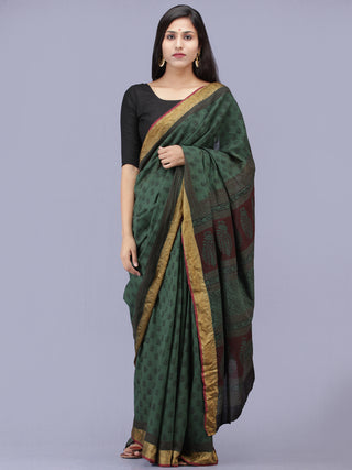 Green Maroon Black Bagh Printed Maheshwari Cotton Saree - S031704174