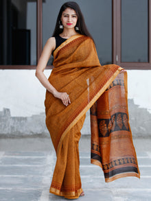 Golden-Yellow-Maroon Black Bagh Hand Block Printed Maheswari Silk Saree With Resham Border - S031703835