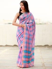 Pink Blue Handloom Mangalagiri Cotton Saree With Zari Border - S031703859