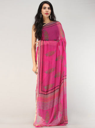 Hot Pink Green Hand Block Printed Chiffon Saree with Zari Border - S031704561