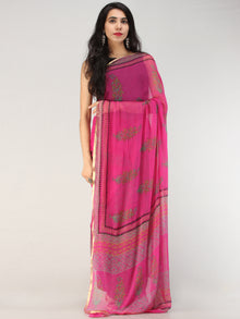 Hot Pink Green Hand Block Printed Chiffon Saree with Zari Border - S031704561