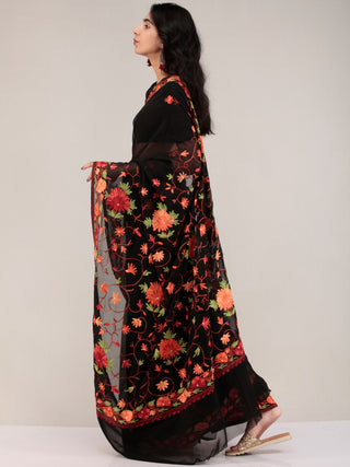 Black Aari Embroidered Georgette Saree From Kashmir - S031704632