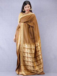 Banarasee Semi Silk Self Weave Saree With Resham Border - Peanut Brown Golden  - S031704316
