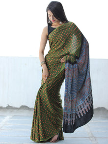 Green Rust Indigo Black Bandhej Modal Silk Saree With Ajrakh Printed Pallu & Blouse - S031703880