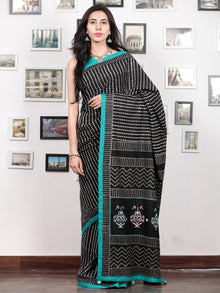 Black White Sea Green Hand Block Printed Cotton Mul Saree With Kantha Embroidered Pallu  - S031703024