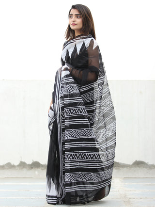 Black & White Hand Block Printed Kota Doria Saree  - S031704076