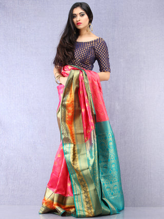 Banarasee Art Silk Saree With Resham Zari Weave - Pink Green & Gold - S031704389