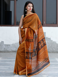 Golden-Yellow-Maroon Black Bagh Hand Block Printed Maheswari Silk Saree With Resham Border - S031703835