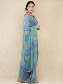 Blue Yellow Hand Block Printed Chiffon Saree with Zari Border - s031704159