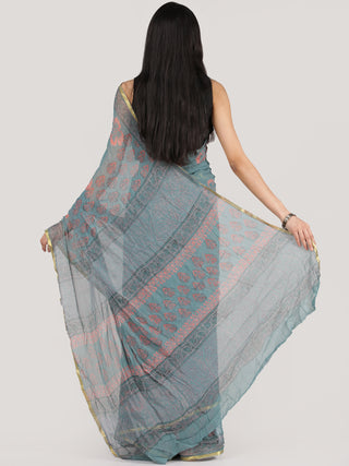 Steel Blue Pink Hand Block Printed Chiffon Saree With Zari Border - S031704691