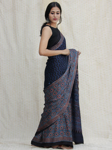 Indigo Red Black Ajrakh Hand Block Printed Modal Silk Saree - S031704138