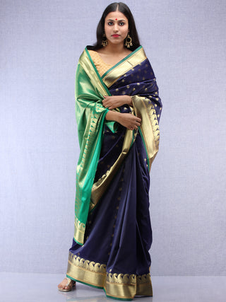 Banarasee Art Silk Saree With Zari Work - Navy Blue Green & Gold - S031704409