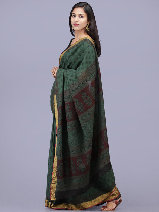 Green Maroon Black Bagh Printed Maheshwari Cotton Saree - S031704174
