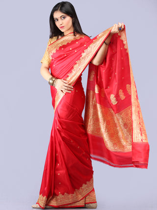 Banarasee Pure Katan Silk Handloom Saree With Zari Work - Green & Gold - S031704297