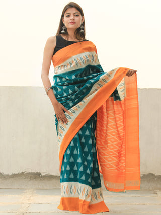 Orange Green White Ikat Handwoven Cotton Saree - S031704106