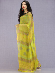 Lime Green Pink Blue Hand Block Printed Chiffon Saree with Zari Border - S031704592